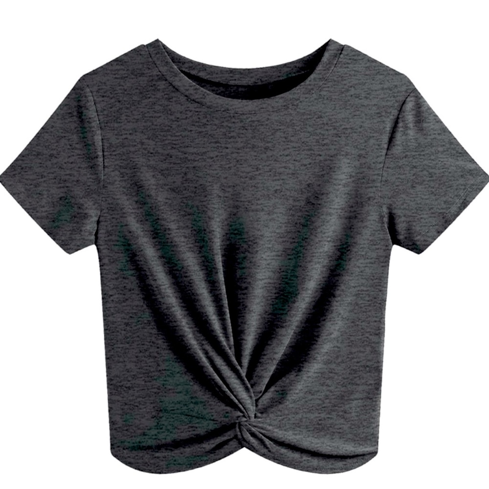 JINKESI Casual Short Sleeve Blouse Round Neck Crop Twist Front Tee T-Shirt